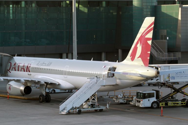 A Qatar Airways plane is seen at Hamad International Airport in Doha