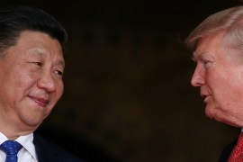 FILE PHOTO: U.S. President Donald Trump welcomes Chinese President Xi Jinping at Mar-a-Lago state in Palm Beach, Florida, U.S.