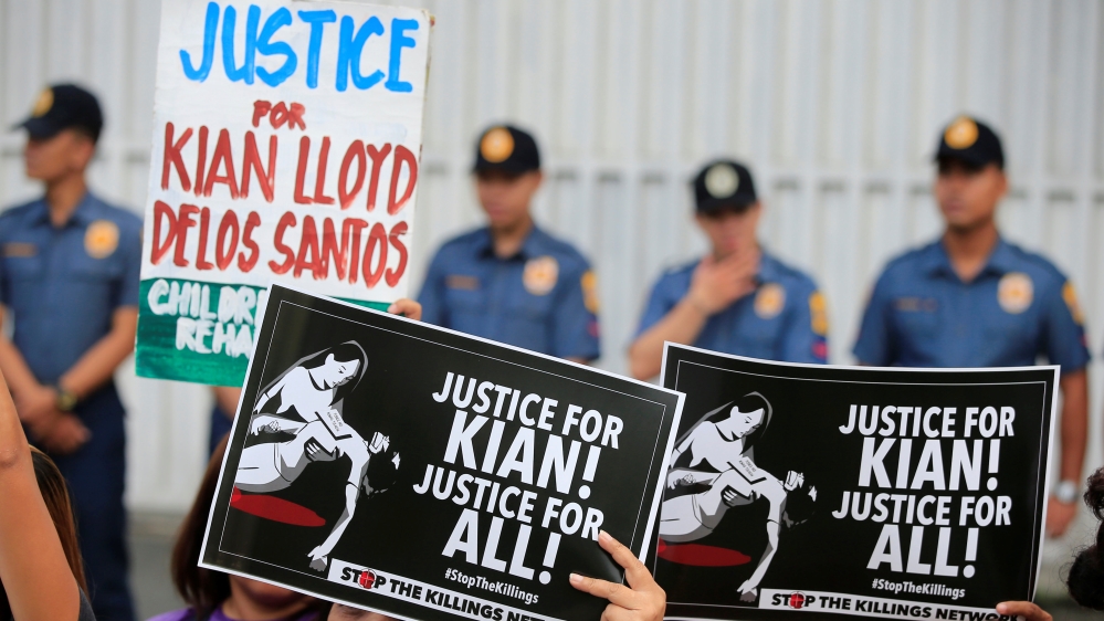 Protesters called for justice at the funeral turned protest for the teenage victim [Romeo Ranoco/Reuters]