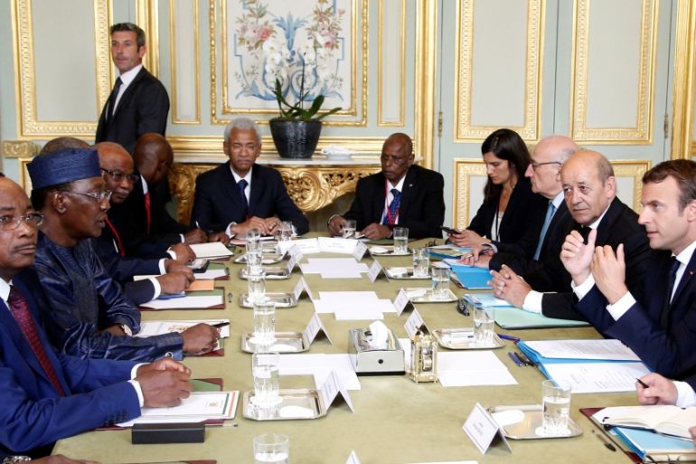 French President Emmanuel Macron meets the President of Niger Mahamadou Issoufou and Chad President Idriss Deby Itno at the Elysee Palace in Paris