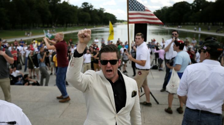 White Nationalist leader Spencer chants back at counter-protestors as White Nationalists and "Alt-Right" supporters gather for "Freedom of Speech" rally at Lincoln Memorial in Washington