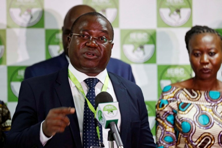 Kenyan Independent Electoral and Boundaries Commission (IEBC), Information and Communication Technology (ICT) Director, Chris Musando addresses a news conference