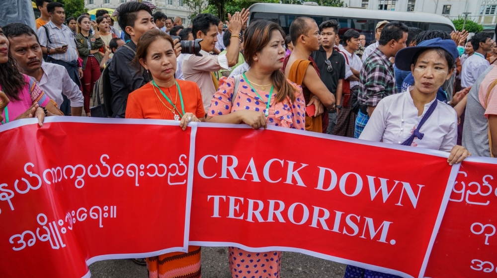 Protesters supporting the military crackdown gathered yesterday at a rally in Yangon [Aung Naing Soe/Al Jazeera]