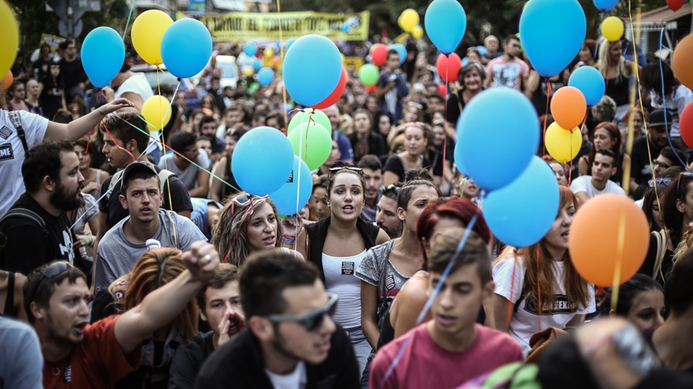 Demonstrators rallied in Keratsini on the first anniversary of Pavlos' murder on September 18, 2014 [Nick Paleologos/SOOC/Al Jazeera]