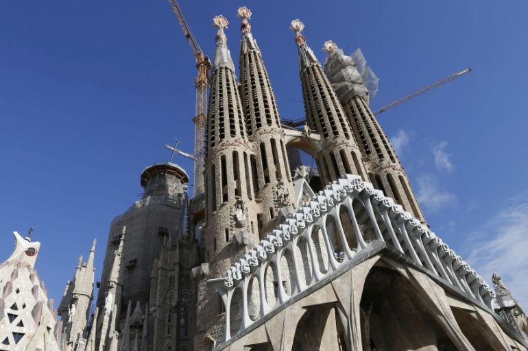 Towers and construction cranes are seen as work continues on the Basilica Sagrada Familia, which was designed by Antoni Gaudi, in Barcelona