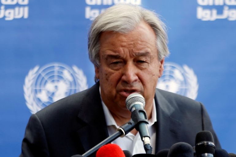 United Nations Secretary-General Guterres attends a news conference at UN-run school in the northern Gaza Strip