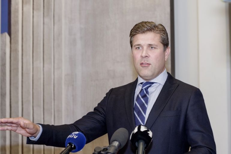Iceland''s Prime Minister Benediktsson speaks during a press conference in Reykjavik