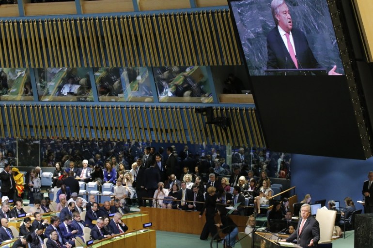 United Nations Secretary General Guterres addresses the General Assembly at U.N. headquarters in New York