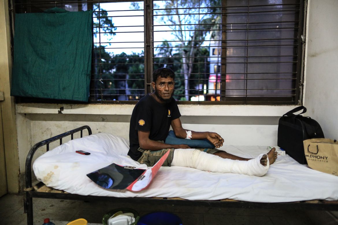 Imaan Hussain, 48, from Dunzewara village, Myanmar recuperates in the hospital. He lost everything while fleeing and dreads the uncertainty and despair that awaits him outside the hospital premises.