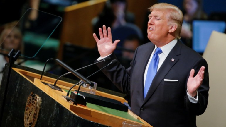 De Amerikaanse president Trump spreekt de 72e Algemene Vergadering van de Verenigde Naties toe op het VN-hoofdkwartier in New York