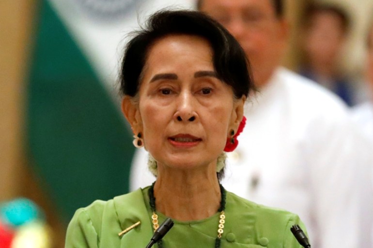 Myanmar State Counselor Aung San Suu Kyi talks during a news conference with India''s Prime Minister Narendra Modi in Naypyitaw