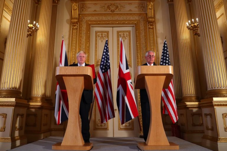 U.S. Secretary of State Rex Tillerson and Britain''s State Secretary for Foreign and Commonwealth Affairs Boris Johnson speak during a news conference at Lancaster house in London