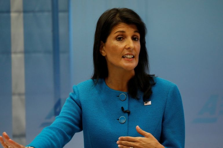 U.S. Ambassador to the United Nations Nikki Haley speaks about the Iran nuclear deal at the American Enterprise Institute in Washington