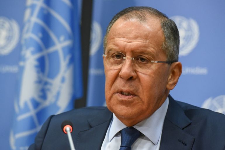 Russia''s Foreign Minister Sergey Lavrov delivers remarks at a news conference at the 72nd United Nations General Assembly at U.N. headquarters in New York City