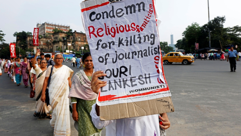 Journalists and civil society members across the country protested Lankesh's murder [Rupak De Chowdhuri/Reuters]
