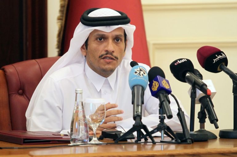 Qatar''s foreign minister Sheikh Mohammed bin Abdulrahman al-Thani gestures during a joint news conference with Russia''s foreign minister Sergey Lavrov in Doha
