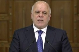 A still image taken from a video shows Iraqi Prime Minister Haider Al-Abadi speaking as he makes a statement in Baghdad