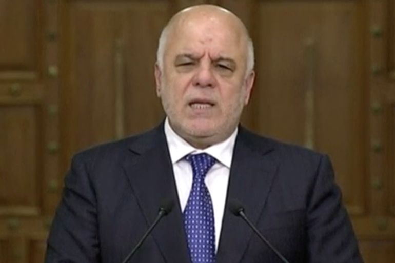 A still image taken from a video shows Iraqi Prime Minister Haider Al-Abadi speaking as he makes a statement in Baghdad