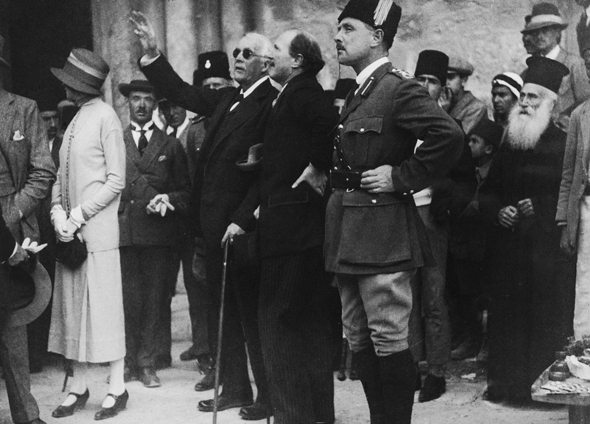 British politician Lord Arthur Balfour (1848 - 1930) points out a feature of the Church of the Holy Sepulchre to Governor Sir Ronald Storrs during a visit to Jerusalem, 9th April 1925. The city''s Arab