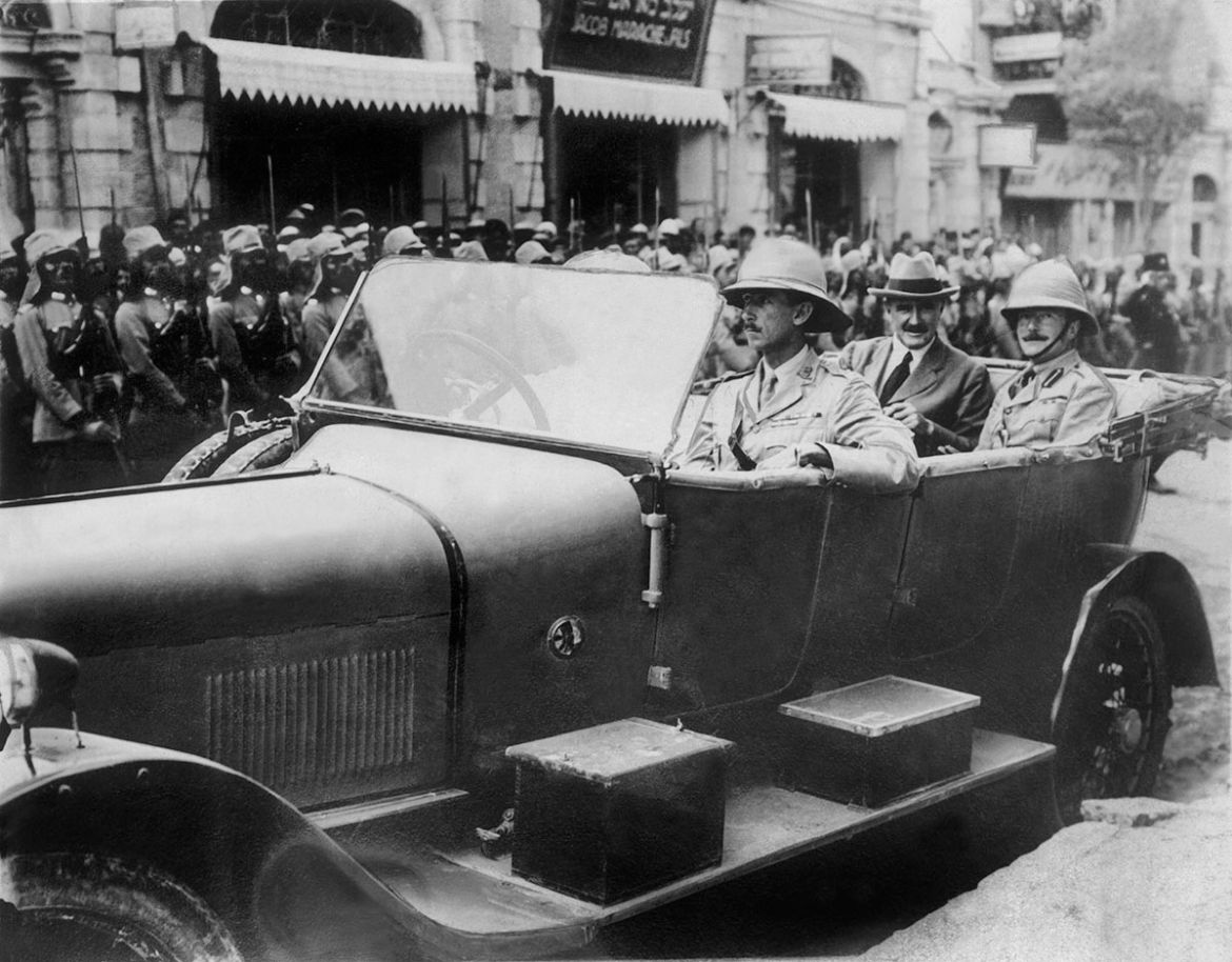 PALESTINE - JULY 01: In July 1920, Sir Herbert SAMUEL, ex-British Minister of the Interior (wearing the hat) arrives in Jerusalem to take over as High-Commissioner of the British mandate in Palestine.