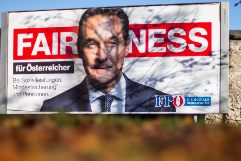 An election campaign poster of far-right Freedom Party leader Strache is pictured