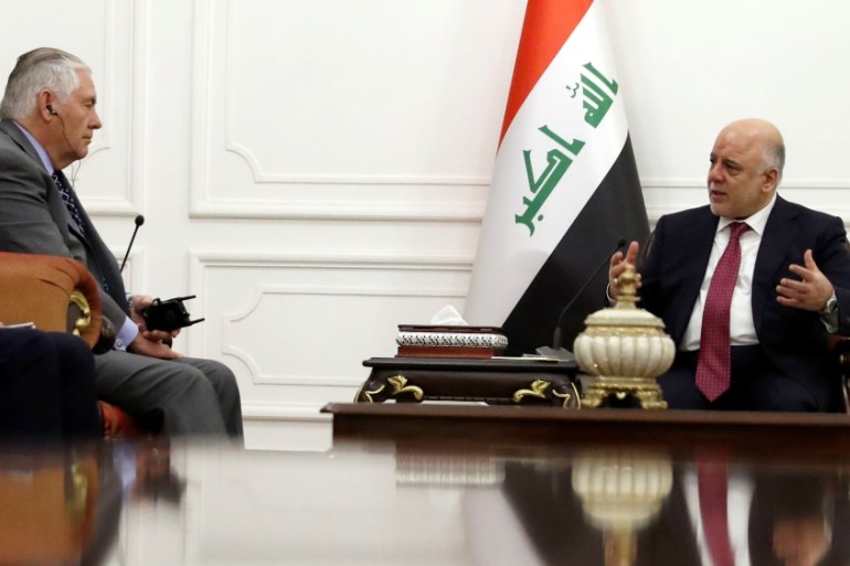 Tillerson speaks with Iraqi Prime Minister Haider al-Abadi in Baghdad