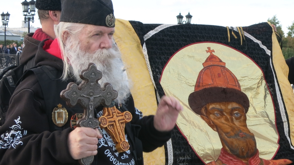 Leonid Simonovich-Nikshich from the Orthodox Banner Bearers, whose motto is 'Orthodoxy or Death' [Glenn Ellis/Al Jazeera]