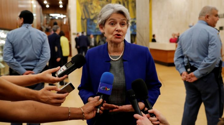 Irina Bokova, Director General of UNESCO, talks to journalists at the headquarters of the United Nations Educational, Scientific and Cultural Organization (UNESCO) in Paris