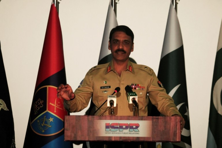 Maj. Gen. Asif Ghafoor, director general of Inter Services Public Relations (ISPR), speaks during a news conference in Rawalpindi