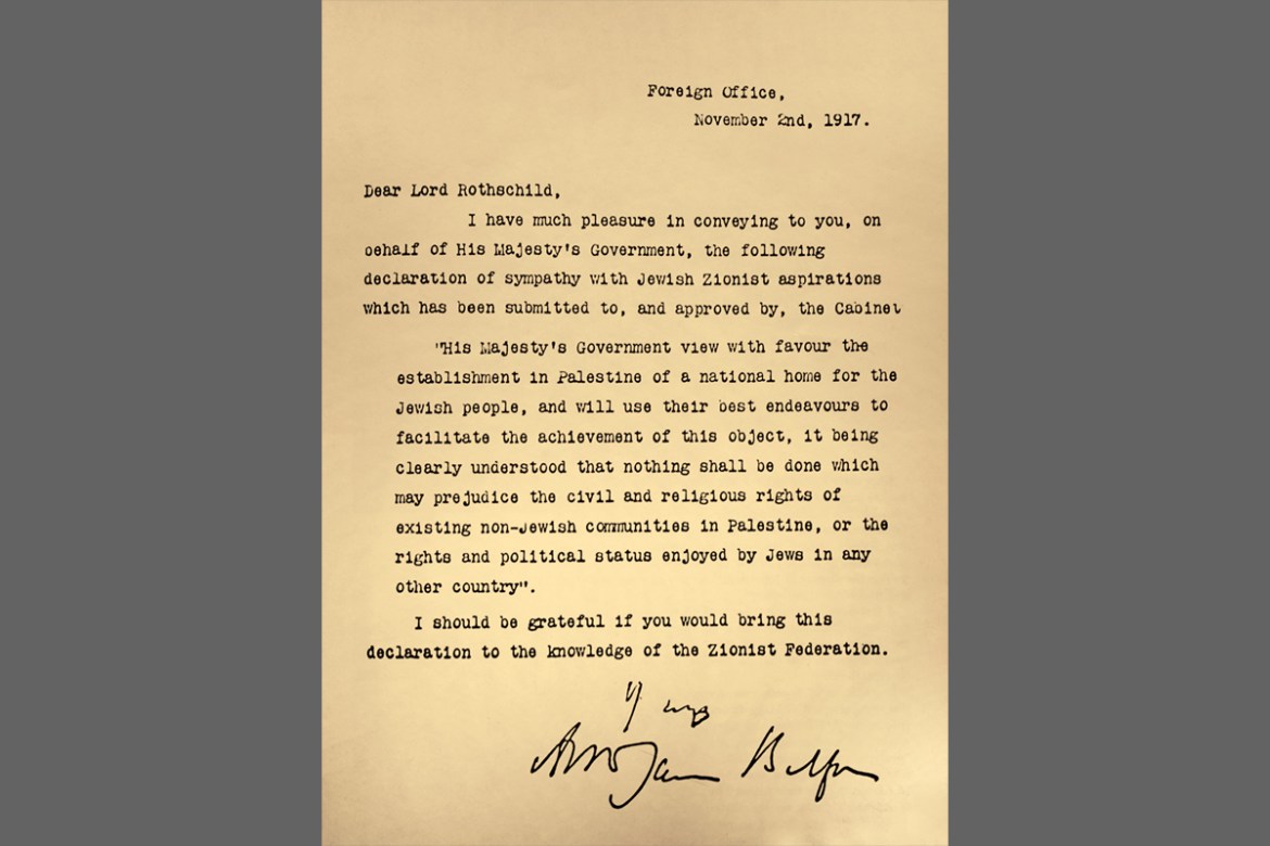 Letter from the Foreign Office to Lord Rothschild known as the ''The Balfour Declaration''. Dated 20th Century. (Photo by: Universal History Archive/UIG via Getty Images)