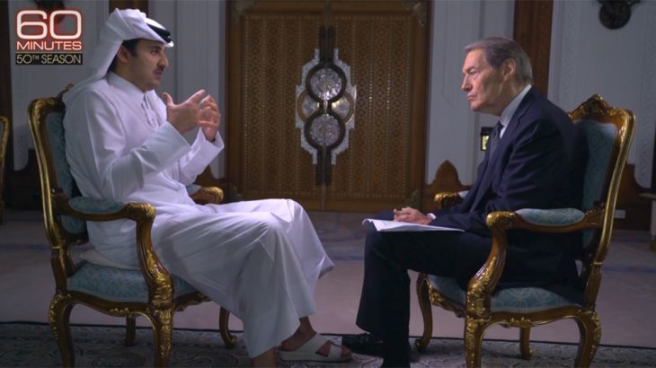 Qatar Emir Sheikh Tamim bin Hamad Al Thani speaking to Charlie Rose