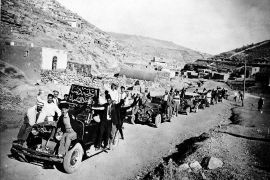 Arab protestors travelling to Amman for a demonstration against the Balfour Declaration of 1917, promising the creation of a Jewish state in Palestine, Jordan, 1936. The banners read: ''Palestine for t