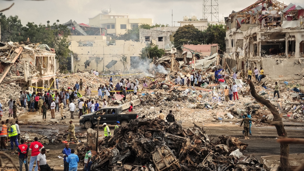 The blast, which occurred at a busy junction, left at least 250 people wounded, according to officials [Mohamed Abdiwahab/AFP/Getty Images]