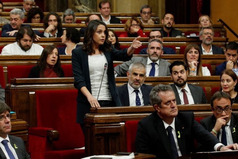 Catalan Ciudadanos leader Ines Arrimadas gestures during a plenary session at the Catalan regional Parliament in Barcelona