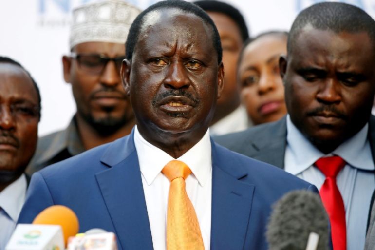 Kenyan opposition leader Raila Odinga, the presidential candidate of the National Super Alliance (NASA) coalition, speaks during a news conference in Nairobi