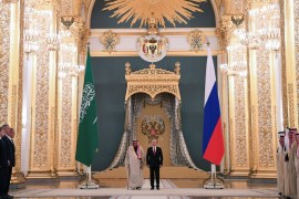 Russian President Vladimir Putin and Saudi Arabia''s King Salman attend a welcoming ceremony ahead of their talks at the Kremlin in Moscow