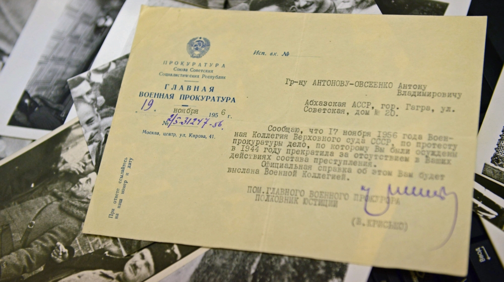 A letter dated 1956 informing Anton Antonovich Antonov-Ovseenko that the military court case against him has been closed for 'absence of crime', making official his rehabilitation [Sergey Kozmin/Al Jazeera]