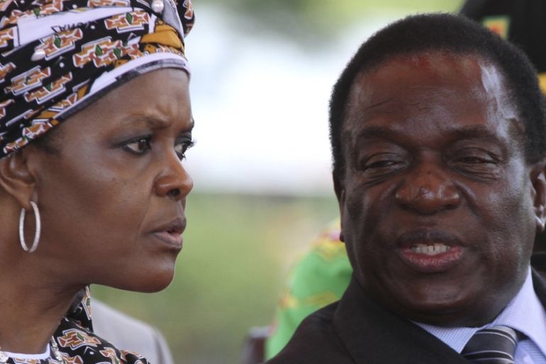 Zimbabwe''s President Mugabe''s wife Grace talks to Vice President Mnangagwa at a gathering of the ZANU-PF party''s top decision making body, the Politburo, in the capital Harare