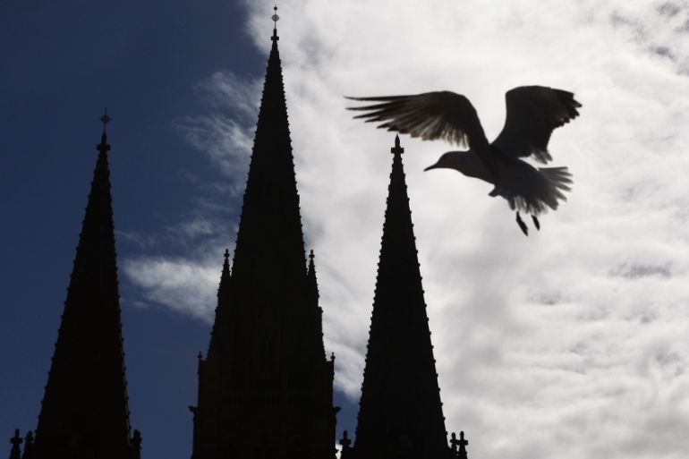 A seagull flies past the spires of St Paul''s Cathedral in Melbourne April 28, 2009. REUTERS/Mick Tsikas (AUSTRALIA ANIMALS RELIGION)