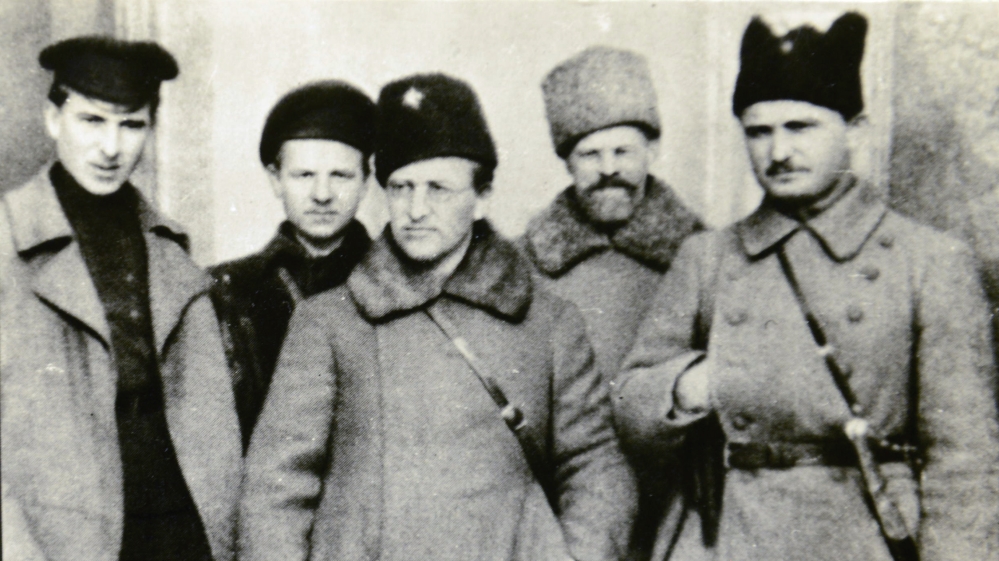 Vladimir Antonov-Ovseenko (centre) with officers from the Red Army. Ovseenko was a graduate of a military school [Sergey Kozmin/Al Jazeera]. 