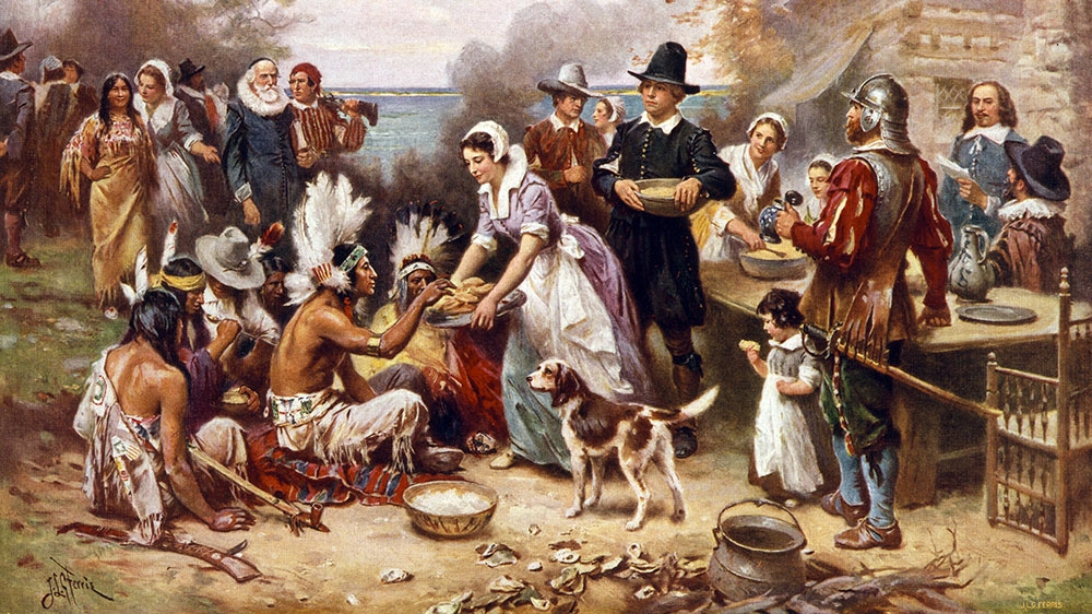 The First Thanksgiving in 1621, after a painting by Jean Leon Gerome, screen print, 1932 [GraphicaArtis/Getty Images]