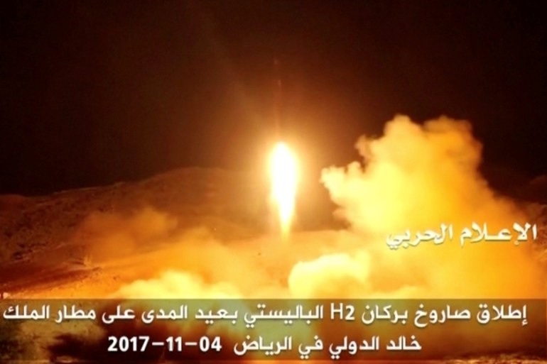 Yemen''s pro-Houthi Al Masirah television station shows what it says was the launch by Houthi forces of a ballistic missile aimed at Riyadh''s King Khaled Airport