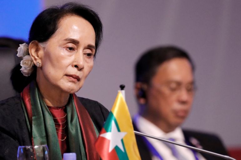 Myanmar''s State Counsellor and Foreign Minister Aung San Suu Kyi looks on during the opening session of the ASEAN and EU summit at the Philippine International Convention Center in Pasay, metro Manila