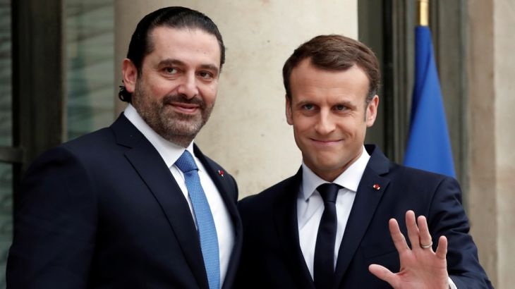 French President Emmanuel Macron and Saad al-Hariri, who announced his resignation as Lebanon''s prime minister while on a visit to Saudi Arabia, react on the steps of the Elysee Palace in Paris