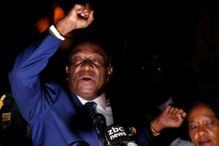 Zimbabwe''s former Vice-President Emmerson Mnangagwa, who is due to be sworn in to replace Robert Mugabe as President, addresses supporters in Harare