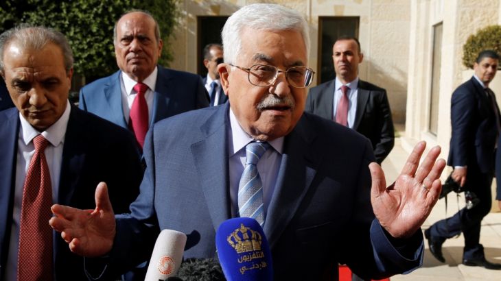 Palestinian President Mahmoud Abbas speaks to the media after his meeting with Jordan''s King Abdullah at the Royal Palace in Amman
