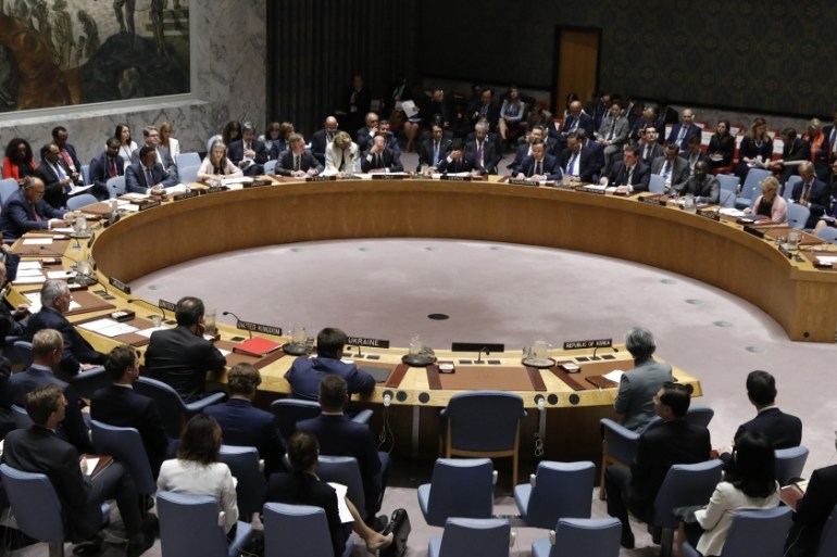 The U.N. Security Council meets to discuss the threat posed by the proliferation of weapons of mass destruction at U.N. headquarters in New York