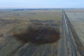 Oil spills have become a point of concern for the US public, such as this one in North Dakota in 2017 [File: Courtesy DroneBase/Handout via Reuters]