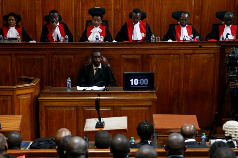 Kenya''s Supreme Court judges preside before delivering a ruling on cases that seek to nullify the re-election of President Uhuru Kenyatta last month in Kenya''s Supreme Court in Nairobi