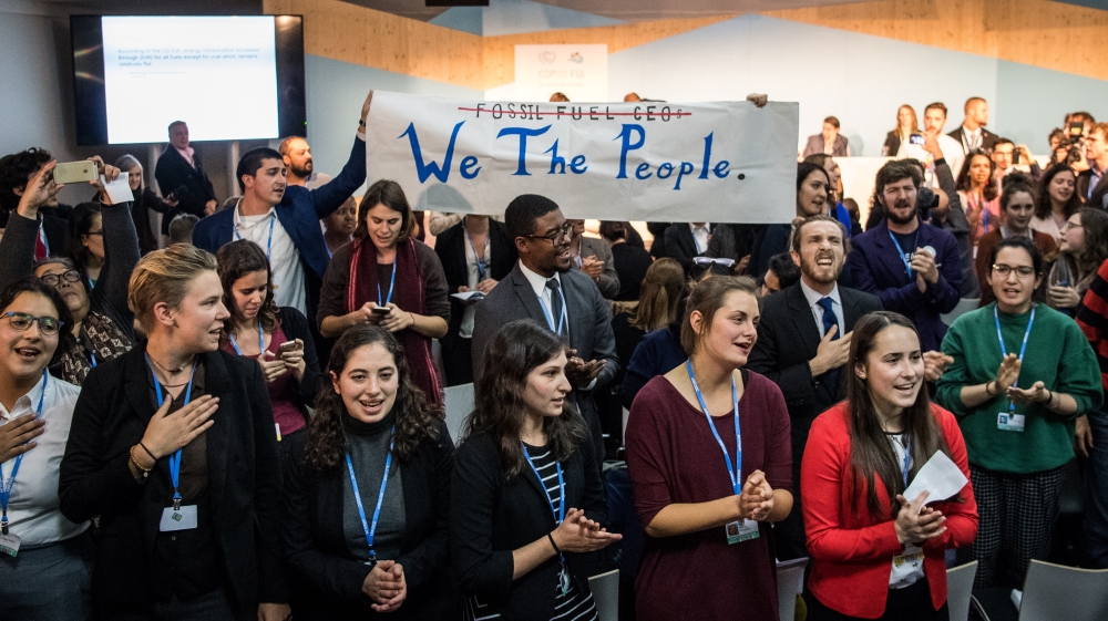 
Protesters interrupted an event organised by the Trump administration at the COP 23 UN Climate Change Conference in Germany this month [Lukas Schulze/Getty Images]
